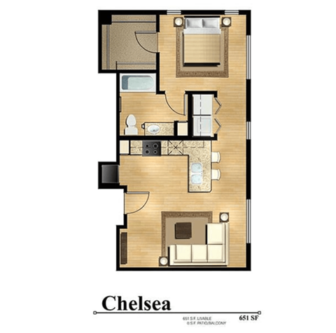 Floor plan for studio, 1 bath, 651 sqft